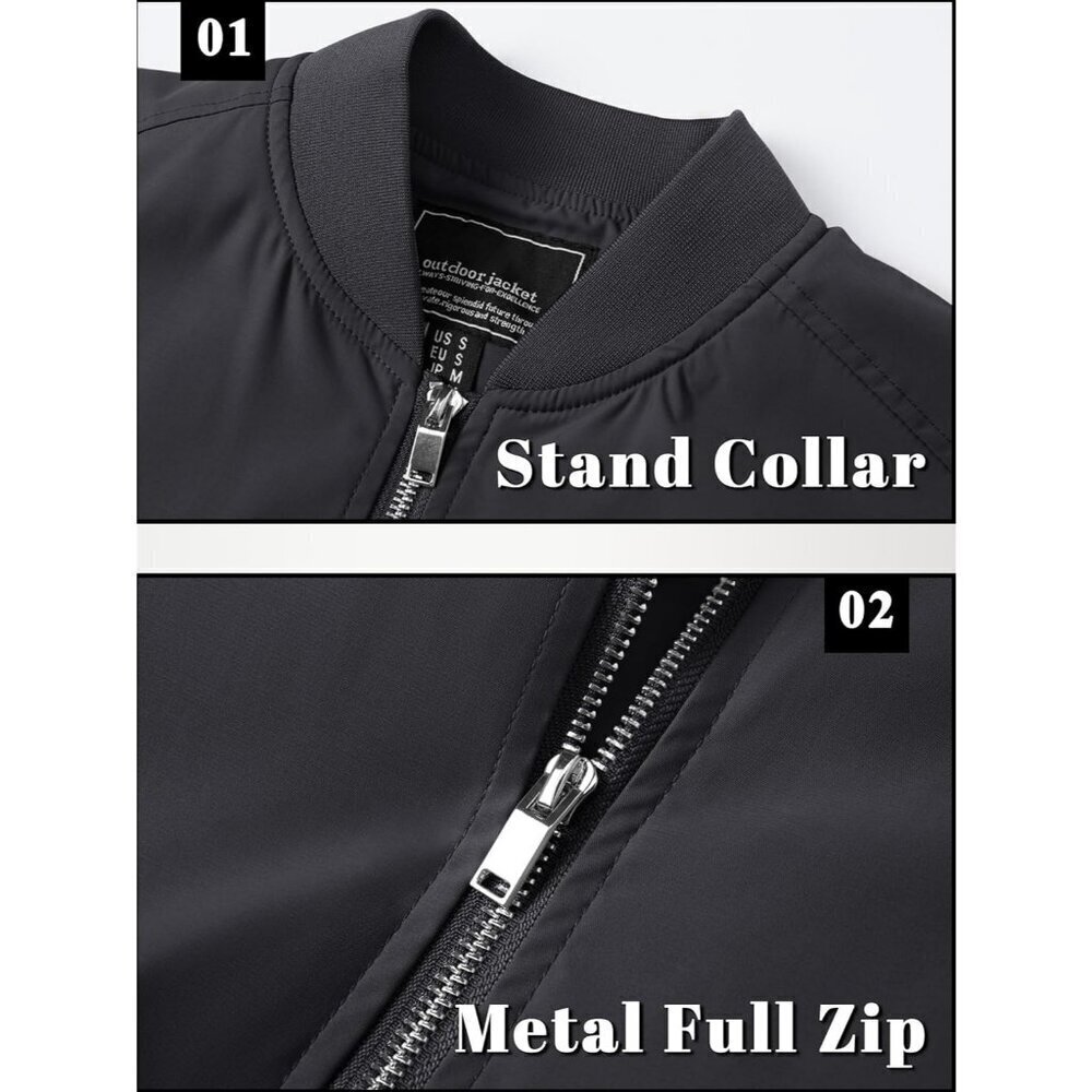 🆕Men's Black Bomber Jacket with Zip-Up Front and Utility Sleeve Pocket - Picture 5 of 7